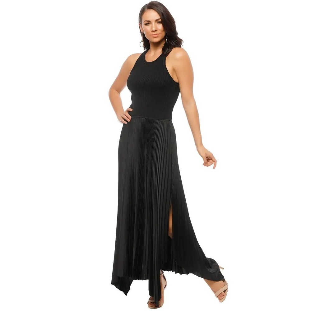 Theory Vinessi Belsay Rib Pleated Maxi Dress Black Small H0627601